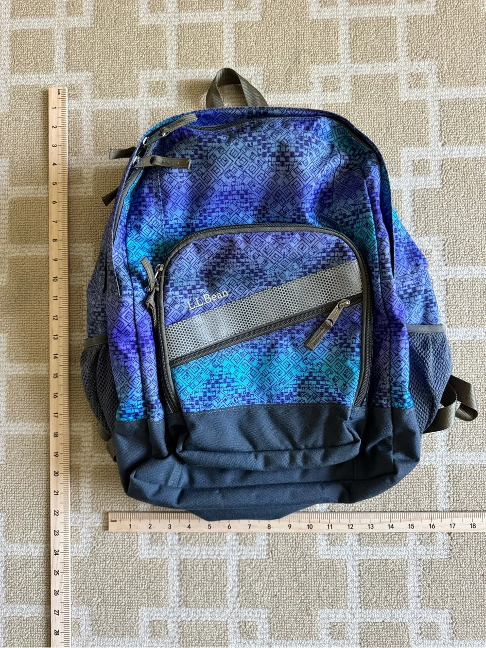 L.L.Bean Geometric Print School Backpack Blue Purple Book Bag Travel O/S